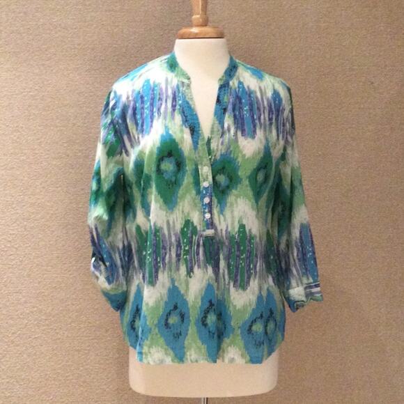 *Hannah Multicolored Rolltab Sleeve Button Front Tunic Size Large - Picture 1 of 10